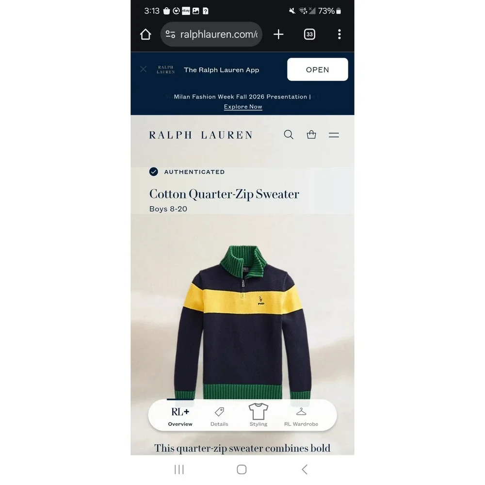 Polo Ralph Lauren Sweater Kids Medium 10-12  Heavy Cotton Quarter Zip Colorblock